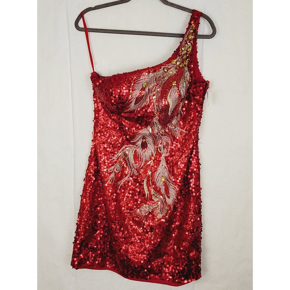 New Nina Canacci red sequin beaded peacock feather one shoulder dress Size 12